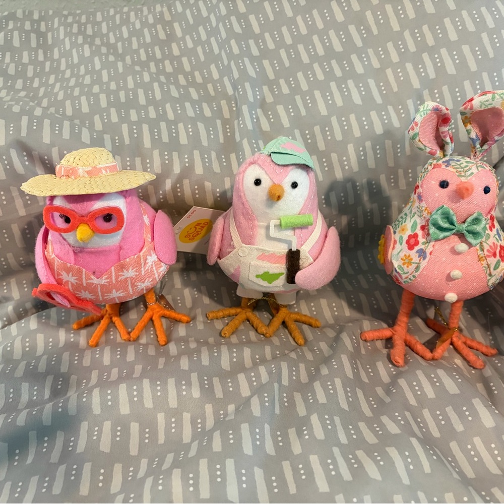 Set of Three Pink and Floral fabric birds